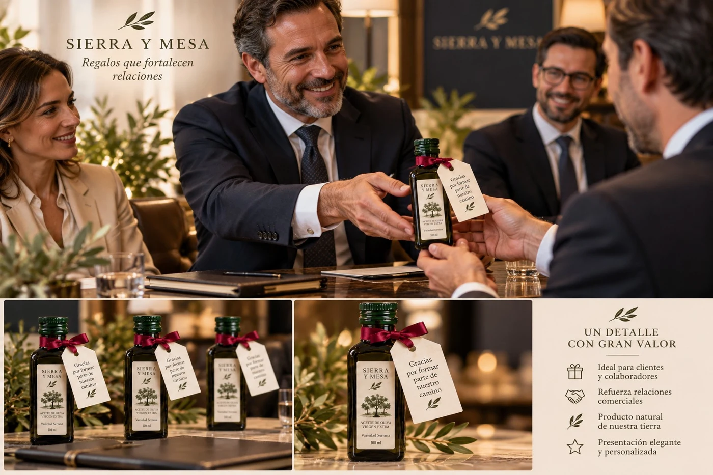 Entrega de una botellita Sierra y Mesa con lazo y tarjeta como obsequio en una reunión de empresa
