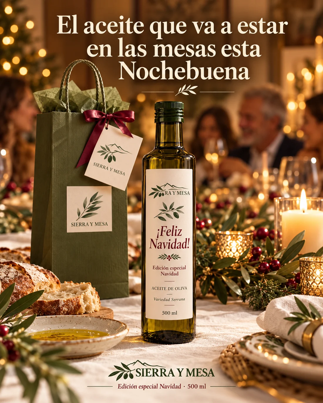 Campaña de Navidad de Sierra y Mesa: botella de 500 ml con etiqueta Feliz Navidad en una mesa de Nochebuena