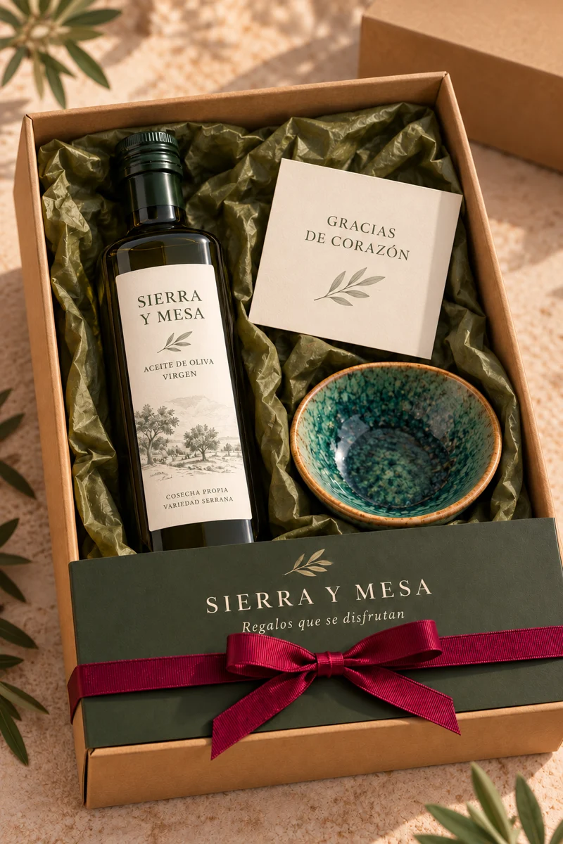 Presentación Sierra y Mesa en caja con botella, cuenco vacío, tarjeta y lazo granate