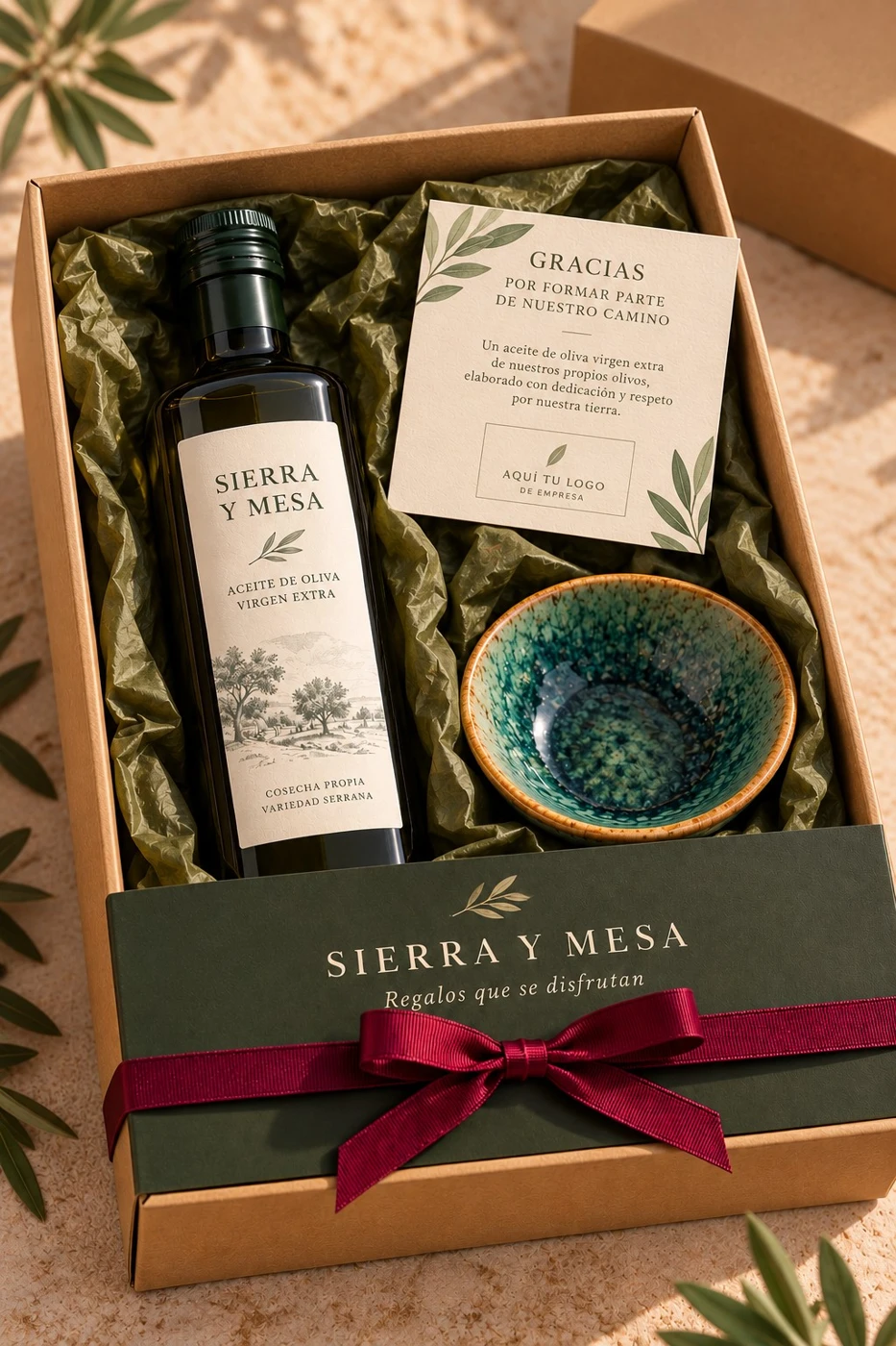 Pack Sierra y Mesa con botella y cuenco; la tarjeta incluye un espacio reservado al logotipo de empresa