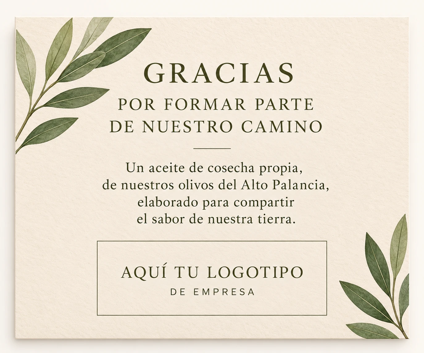 Tarjeta de agradecimiento en primer plano, con un recuadro amplio que indica Aquí tu logotipo de empresa